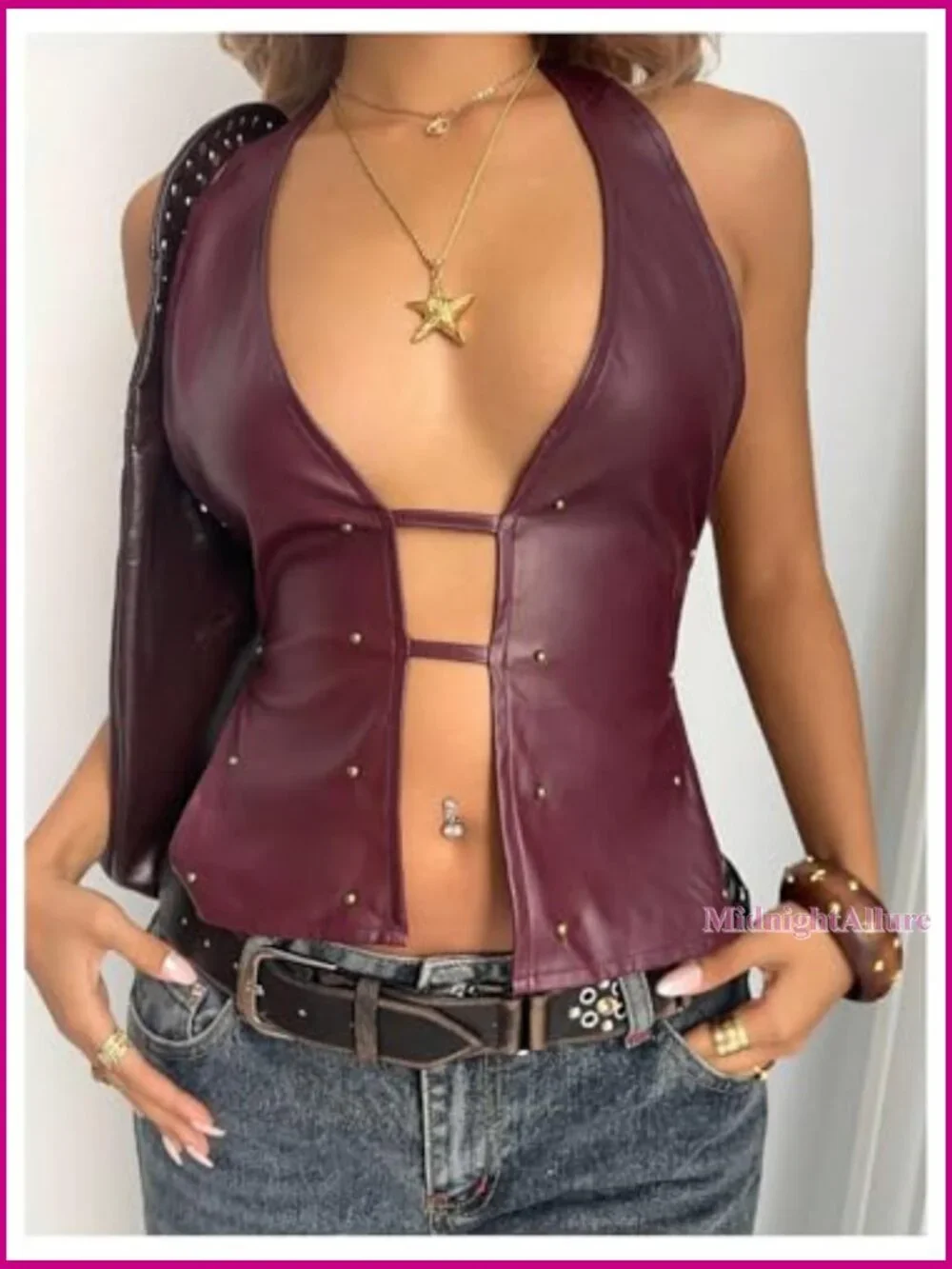 Faux Leather Halter Top Open Back Cut Out Sleeveless Party Clubwear - Picture 5 of 5